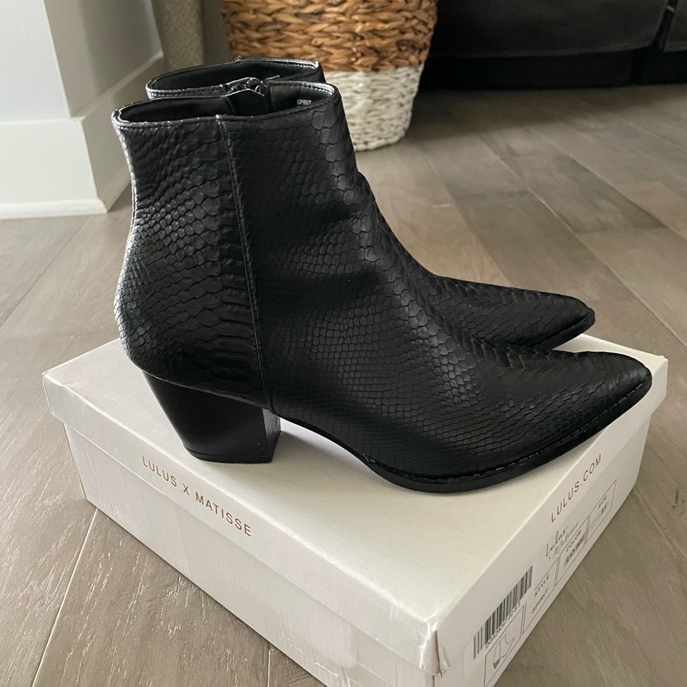 Lulu’s black crocodile booties, size 8.5, excellent condition